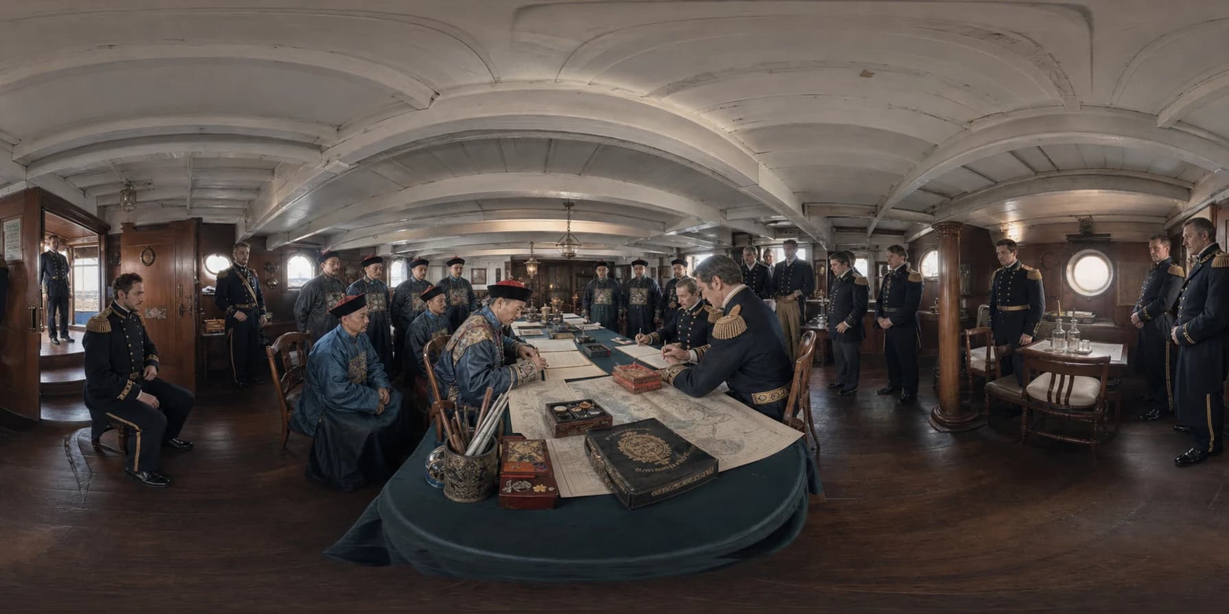 Officials sign papers in a warship cabin