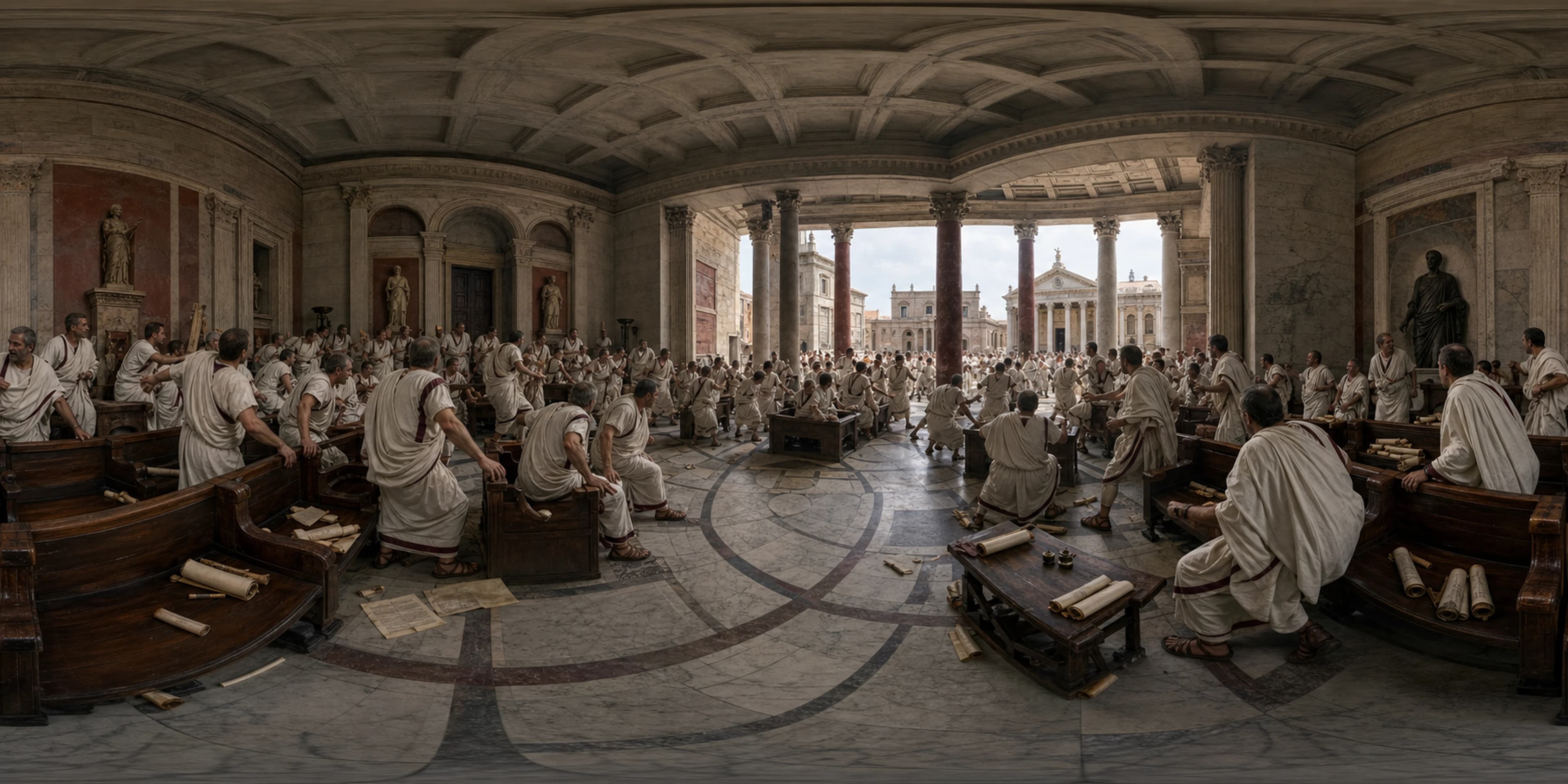 A tense gathering in a Roman meeting hall